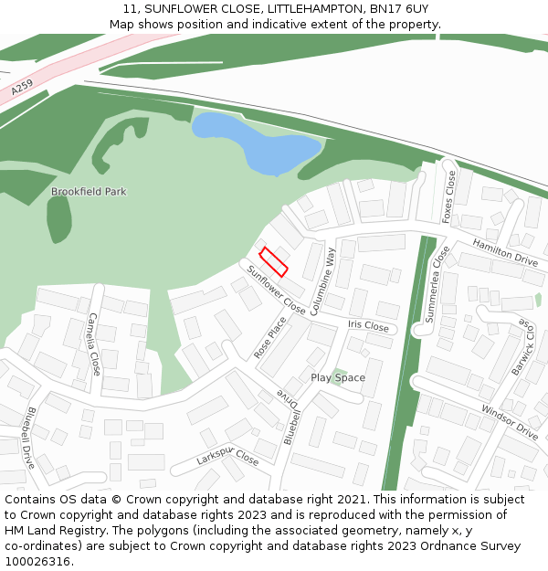 11, SUNFLOWER CLOSE, LITTLEHAMPTON, BN17 6UY: Location map and indicative extent of plot