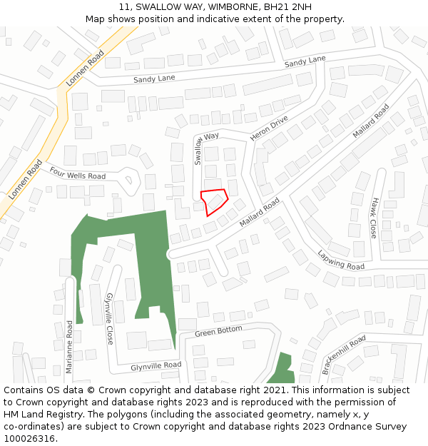 11, SWALLOW WAY, WIMBORNE, BH21 2NH: Location map and indicative extent of plot