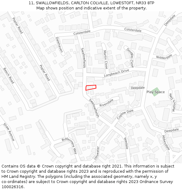 11, SWALLOWFIELDS, CARLTON COLVILLE, LOWESTOFT, NR33 8TP: Location map and indicative extent of plot