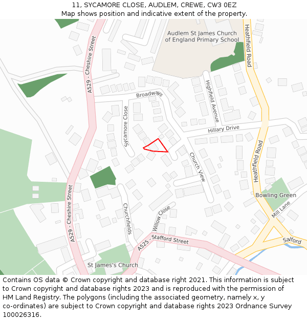 11, SYCAMORE CLOSE, AUDLEM, CREWE, CW3 0EZ: Location map and indicative extent of plot