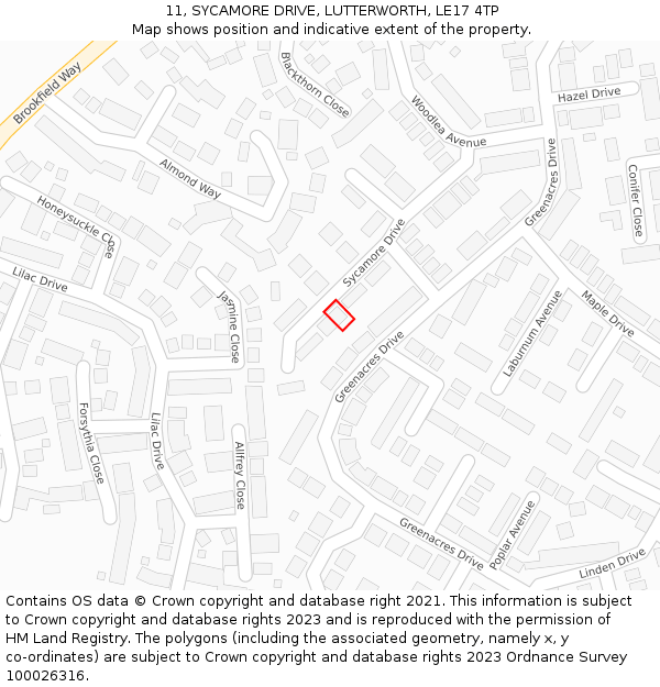 11, SYCAMORE DRIVE, LUTTERWORTH, LE17 4TP: Location map and indicative extent of plot