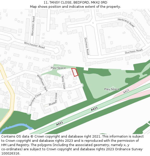11, TANSY CLOSE, BEDFORD, MK42 0RD: Location map and indicative extent of plot