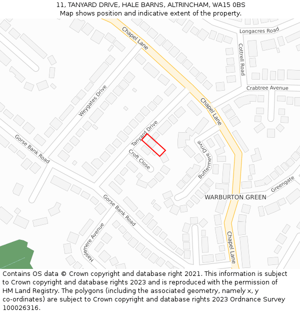 11, TANYARD DRIVE, HALE BARNS, ALTRINCHAM, WA15 0BS: Location map and indicative extent of plot