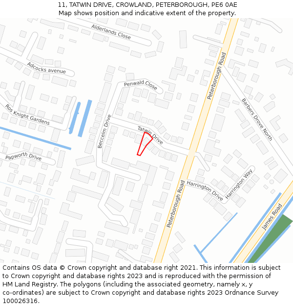11, TATWIN DRIVE, CROWLAND, PETERBOROUGH, PE6 0AE: Location map and indicative extent of plot