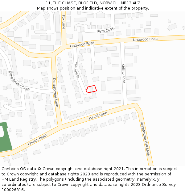 11, THE CHASE, BLOFIELD, NORWICH, NR13 4LZ: Location map and indicative extent of plot