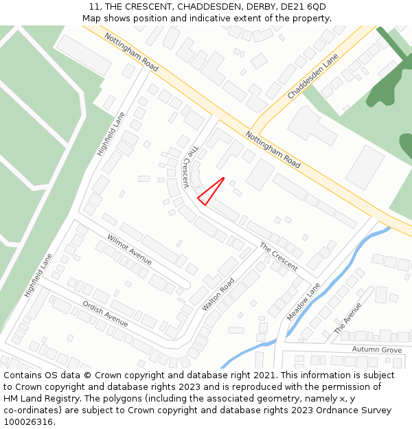 11, THE CRESCENT, CHADDESDEN, DERBY, DE21 6QD: Location map and indicative extent of plot
