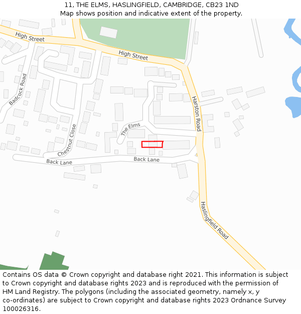 11, THE ELMS, HASLINGFIELD, CAMBRIDGE, CB23 1ND: Location map and indicative extent of plot