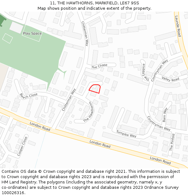 11, THE HAWTHORNS, MARKFIELD, LE67 9SS: Location map and indicative extent of plot