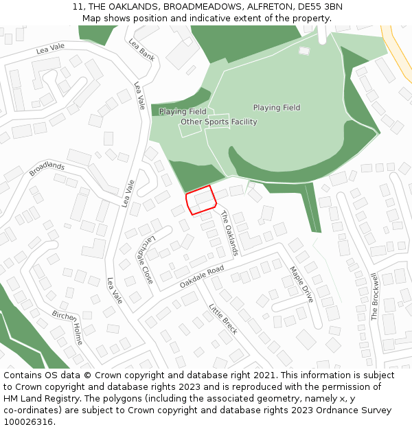 11, THE OAKLANDS, BROADMEADOWS, ALFRETON, DE55 3BN: Location map and indicative extent of plot