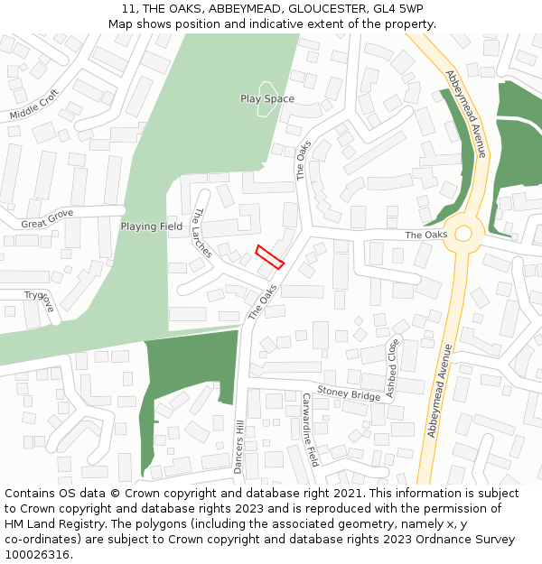 11, THE OAKS, ABBEYMEAD, GLOUCESTER, GL4 5WP: Location map and indicative extent of plot