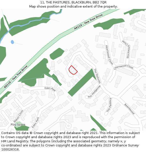 11, THE PASTURES, BLACKBURN, BB2 7QR: Location map and indicative extent of plot