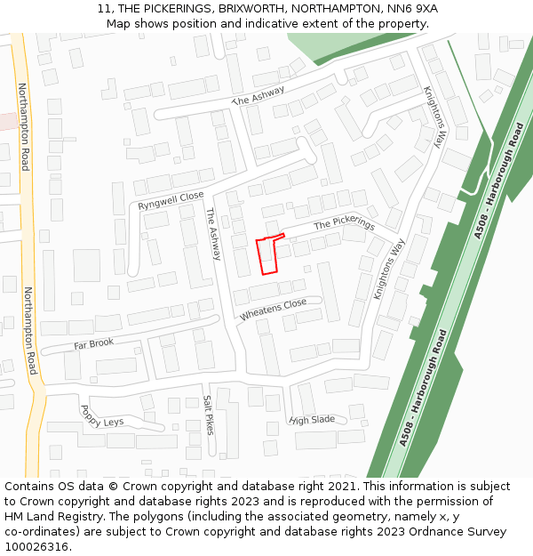11, THE PICKERINGS, BRIXWORTH, NORTHAMPTON, NN6 9XA: Location map and indicative extent of plot