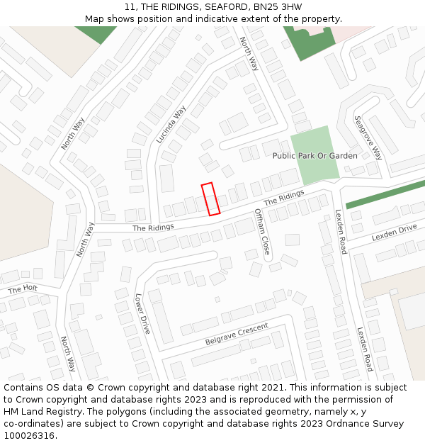 11, THE RIDINGS, SEAFORD, BN25 3HW: Location map and indicative extent of plot