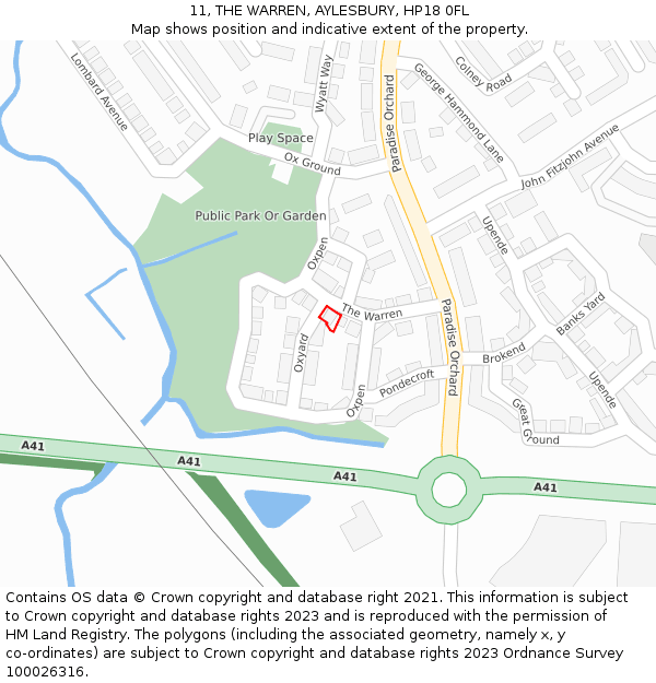 11, THE WARREN, AYLESBURY, HP18 0FL: Location map and indicative extent of plot