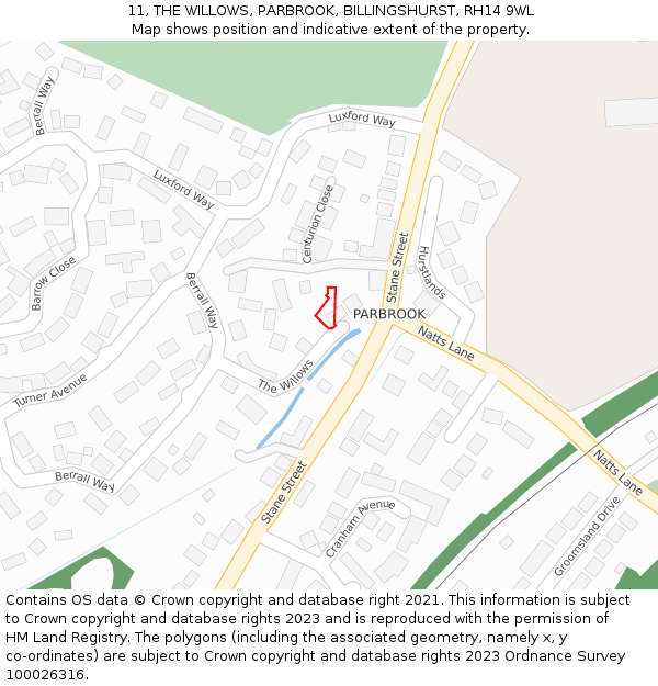 11, THE WILLOWS, PARBROOK, BILLINGSHURST, RH14 9WL: Location map and indicative extent of plot