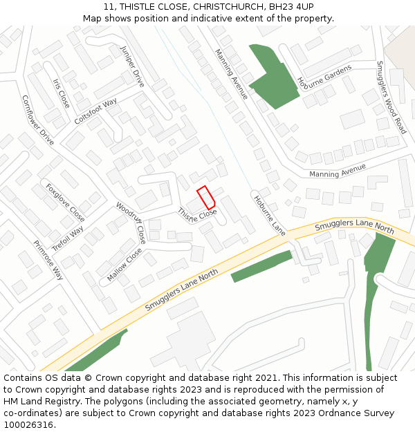 11, THISTLE CLOSE, CHRISTCHURCH, BH23 4UP: Location map and indicative extent of plot