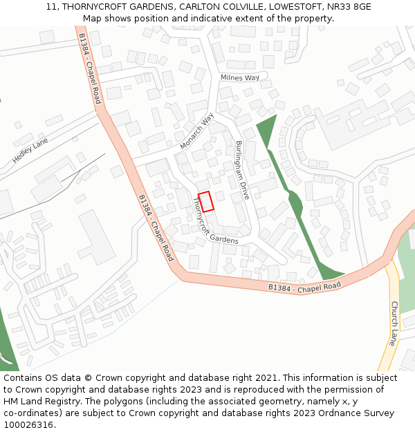 11, THORNYCROFT GARDENS, CARLTON COLVILLE, LOWESTOFT, NR33 8GE: Location map and indicative extent of plot