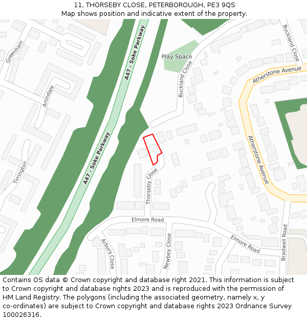 11, THORSEBY CLOSE, PETERBOROUGH, PE3 9QS: Location map and indicative extent of plot