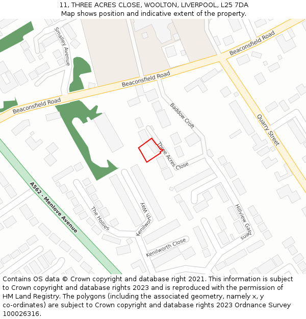 11, THREE ACRES CLOSE, WOOLTON, LIVERPOOL, L25 7DA: Location map and indicative extent of plot