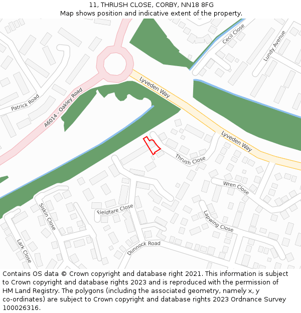 11, THRUSH CLOSE, CORBY, NN18 8FG: Location map and indicative extent of plot