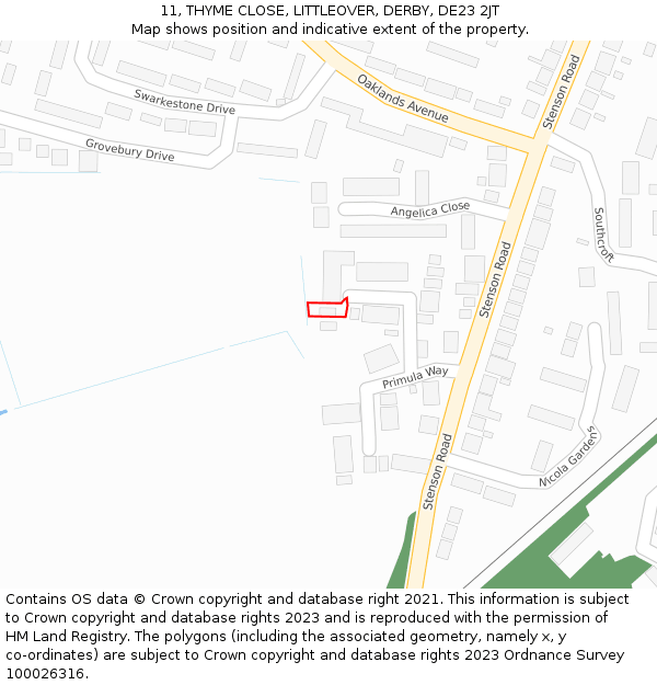 11, THYME CLOSE, LITTLEOVER, DERBY, DE23 2JT: Location map and indicative extent of plot