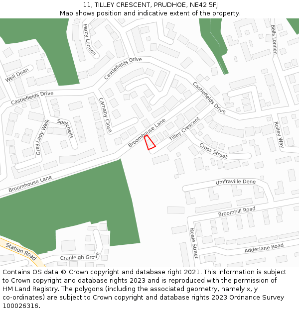 11, TILLEY CRESCENT, PRUDHOE, NE42 5FJ: Location map and indicative extent of plot