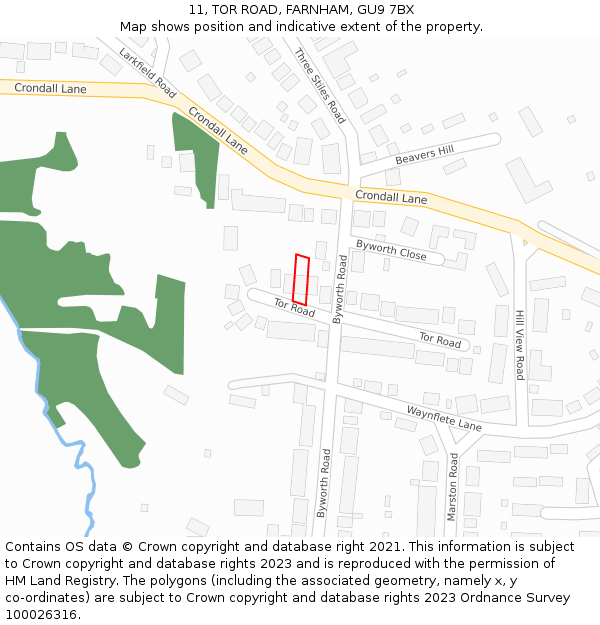 11, TOR ROAD, FARNHAM, GU9 7BX: Location map and indicative extent of plot