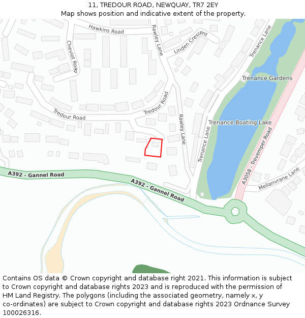 11, TREDOUR ROAD, NEWQUAY, TR7 2EY: Location map and indicative extent of plot
