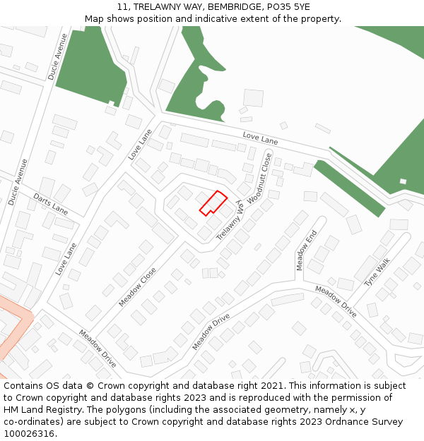 11, TRELAWNY WAY, BEMBRIDGE, PO35 5YE: Location map and indicative extent of plot