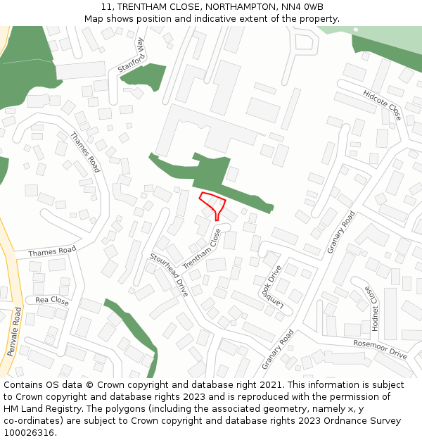 11, TRENTHAM CLOSE, NORTHAMPTON, NN4 0WB: Location map and indicative extent of plot