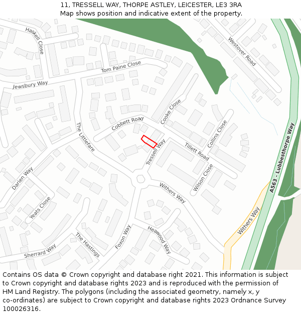 11, TRESSELL WAY, THORPE ASTLEY, LEICESTER, LE3 3RA: Location map and indicative extent of plot