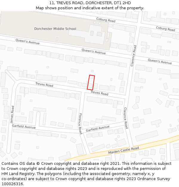 11, TREVES ROAD, DORCHESTER, DT1 2HD: Location map and indicative extent of plot
