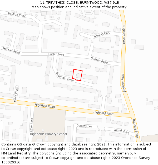 11, TREVITHICK CLOSE, BURNTWOOD, WS7 9LB: Location map and indicative extent of plot