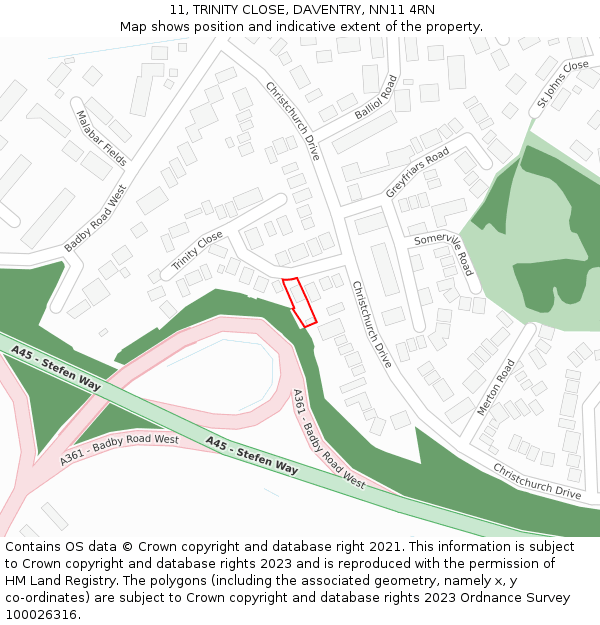 11, TRINITY CLOSE, DAVENTRY, NN11 4RN: Location map and indicative extent of plot