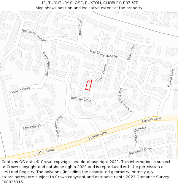 11, TURNBURY CLOSE, EUXTON, CHORLEY, PR7 6FF: Location map and indicative extent of plot