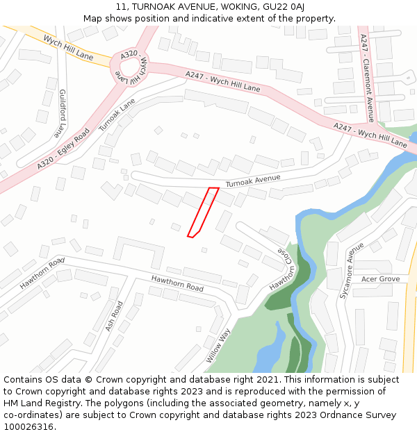 11, TURNOAK AVENUE, WOKING, GU22 0AJ: Location map and indicative extent of plot