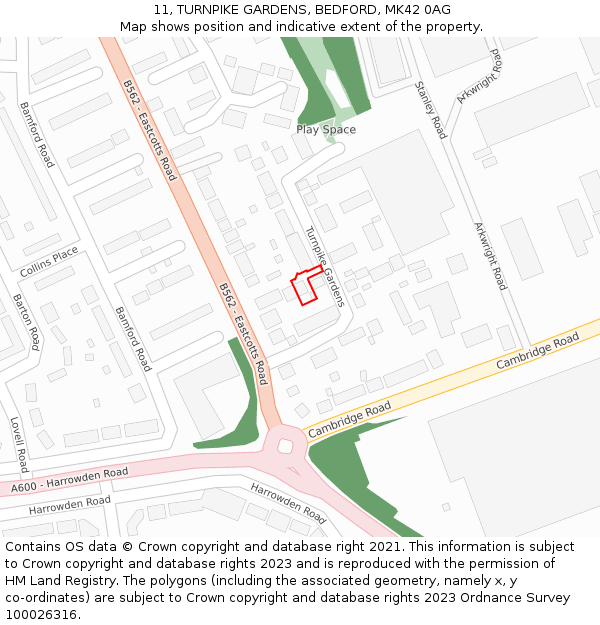 11, TURNPIKE GARDENS, BEDFORD, MK42 0AG: Location map and indicative extent of plot