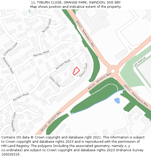 11, TYBURN CLOSE, GRANGE PARK, SWINDON, SN5 6BY: Location map and indicative extent of plot