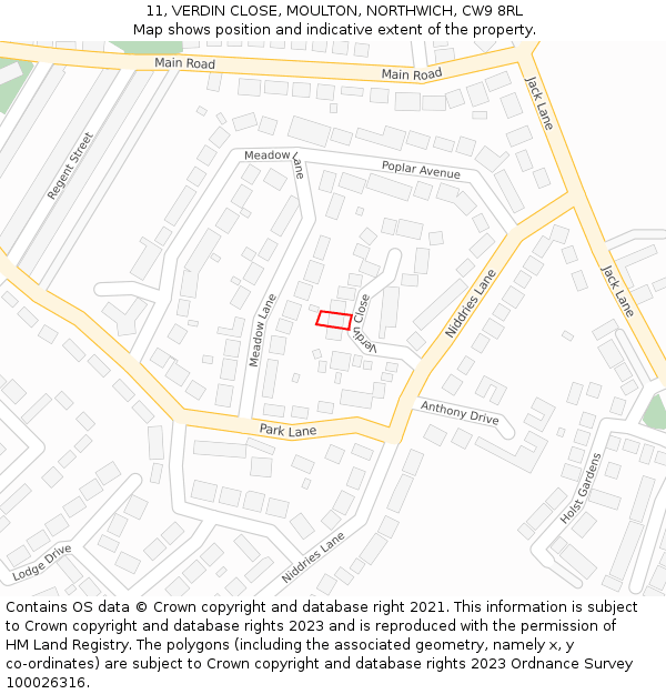 11, VERDIN CLOSE, MOULTON, NORTHWICH, CW9 8RL: Location map and indicative extent of plot