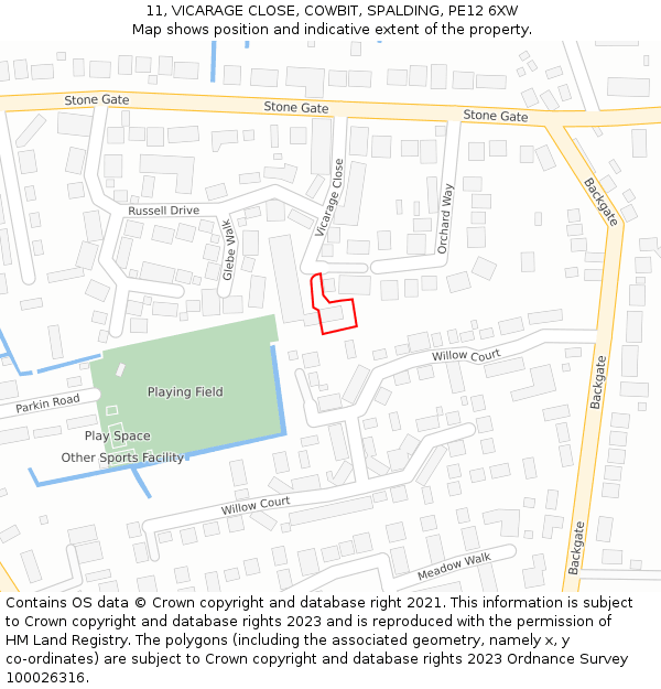 11, VICARAGE CLOSE, COWBIT, SPALDING, PE12 6XW: Location map and indicative extent of plot