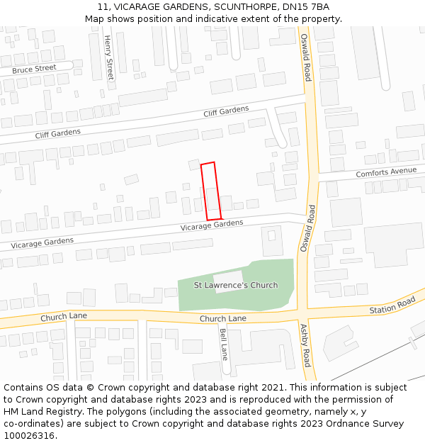 11, VICARAGE GARDENS, SCUNTHORPE, DN15 7BA: Location map and indicative extent of plot
