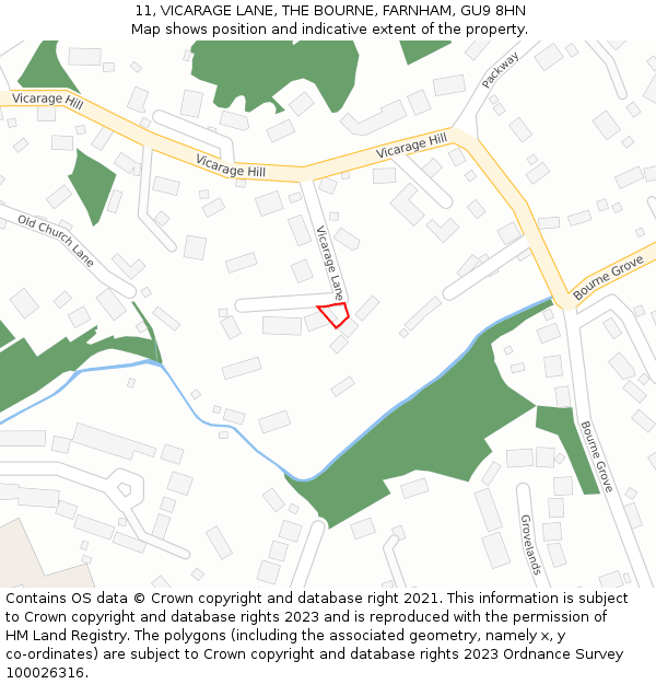 11, VICARAGE LANE, THE BOURNE, FARNHAM, GU9 8HN: Location map and indicative extent of plot