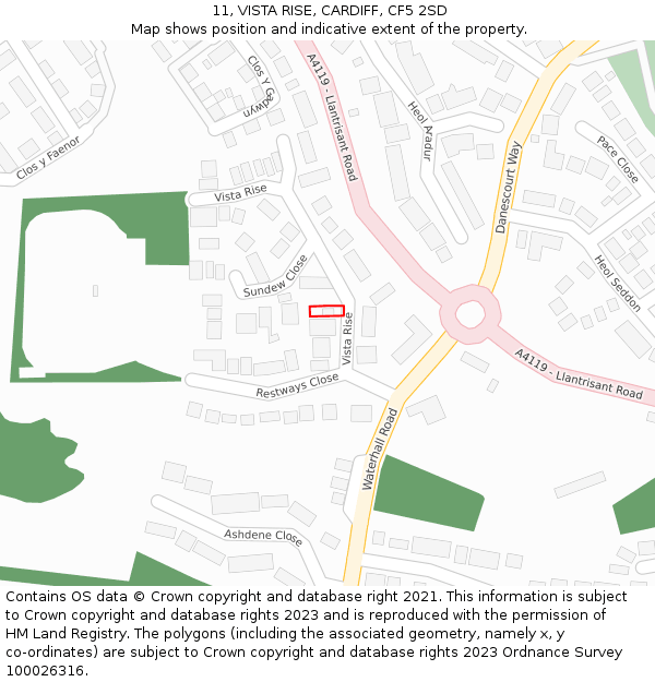11, VISTA RISE, CARDIFF, CF5 2SD: Location map and indicative extent of plot