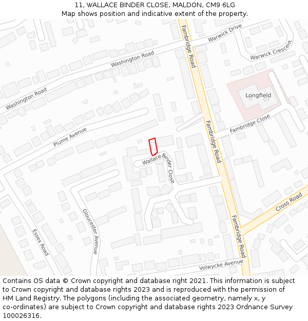 11, WALLACE BINDER CLOSE, MALDON, CM9 6LG: Location map and indicative extent of plot