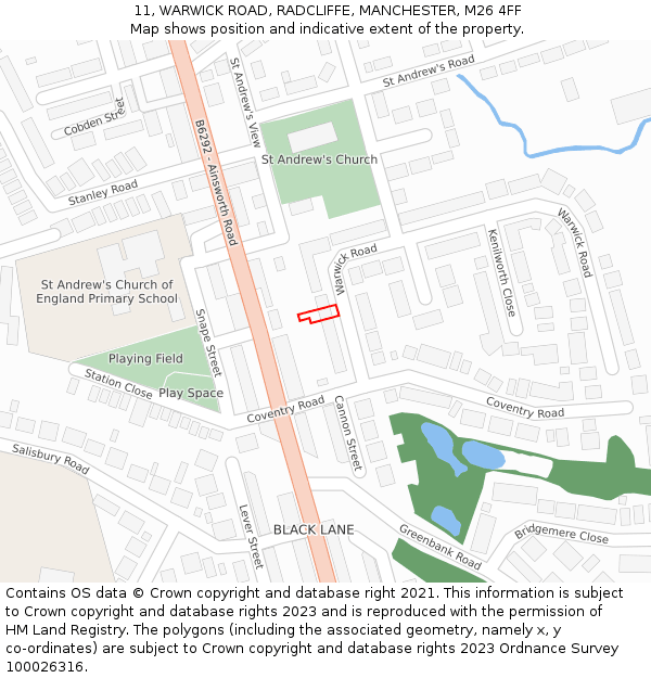 11, WARWICK ROAD, RADCLIFFE, MANCHESTER, M26 4FF: Location map and indicative extent of plot