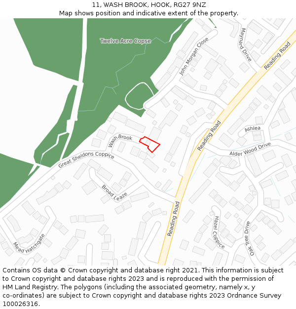 11, WASH BROOK, HOOK, RG27 9NZ: Location map and indicative extent of plot