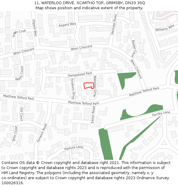 11, WATERLOO DRIVE, SCARTHO TOP, GRIMSBY, DN33 3SQ: Location map and indicative extent of plot