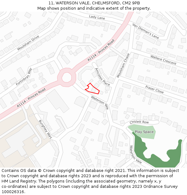 11, WATERSON VALE, CHELMSFORD, CM2 9PB: Location map and indicative extent of plot