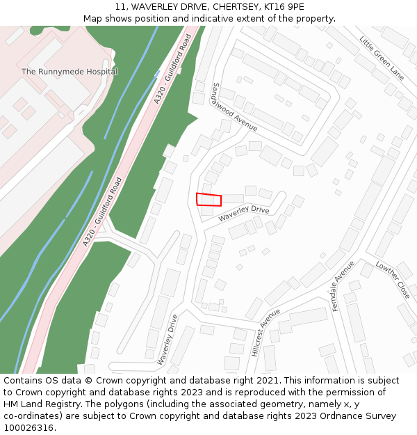 11, WAVERLEY DRIVE, CHERTSEY, KT16 9PE: Location map and indicative extent of plot