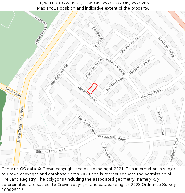 11, WELFORD AVENUE, LOWTON, WARRINGTON, WA3 2RN: Location map and indicative extent of plot
